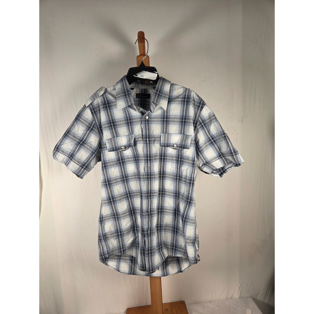 7 Diamonds Mens‎ Blue Plaid Graphic Back Short Sleeve Button Down Shirt Large